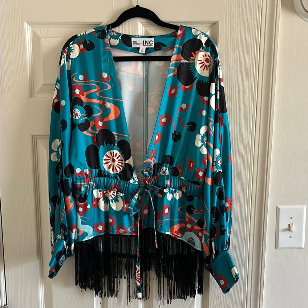 INC Floral Kimono with Fringe